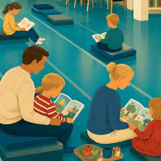 Familielæseaften på Flensborg Bibliotek. Illusration: KI-genereret