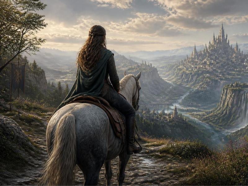 AI-genereret illustration af en kvinde på en hest med ryggen til, mens hun kigger ud over et fantasylandskab